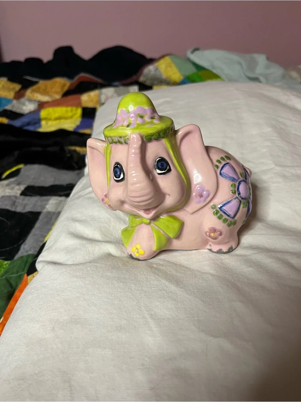 Pink Ceramic Elephant Bank with Lime Green Accents